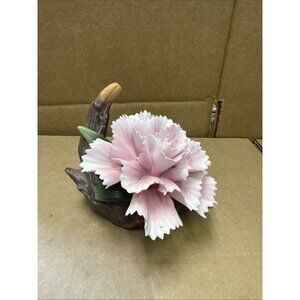 Vintage Lefton Pink Carnation Porcelain Figurine Flower On Driftwood Sculpture